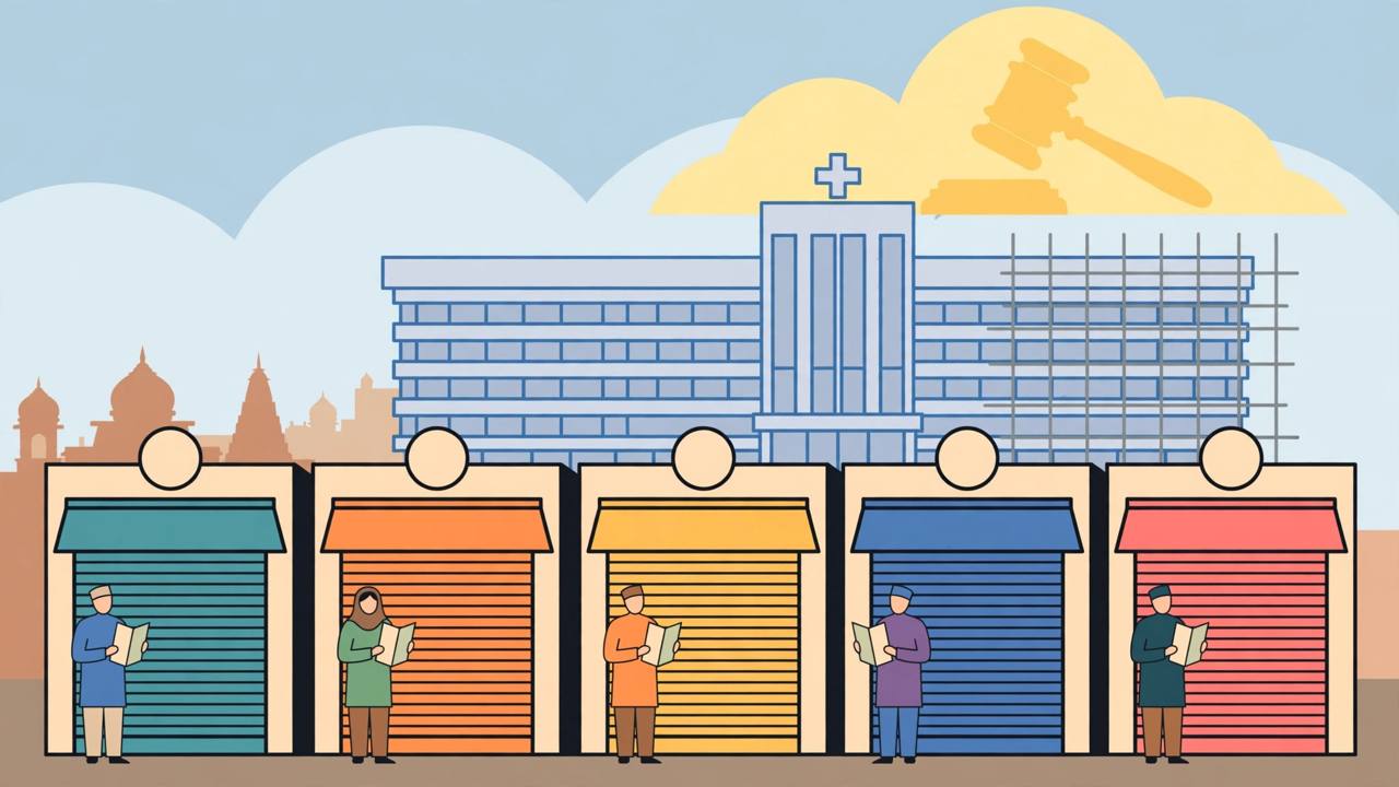 (Editorial illustration) Small shuttered shops in Ayodhya with shopkeepers holding lease papers and a large new hospital building rising behind them