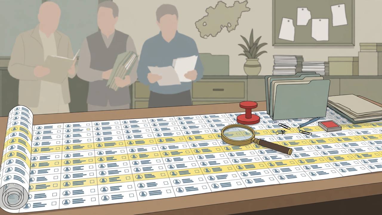 Editorial illustration of an election official's desk with a long printed voter list unrolling across it, the same generic name card repeated many times, a red official stamp and a magnifying glass