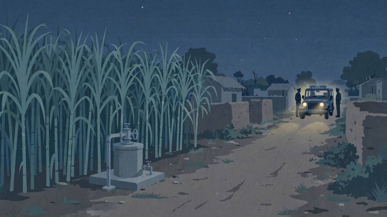 Editorial illustration of a village lane at night in Baghpat with sugarcane fields, a tubewell and a police jeep