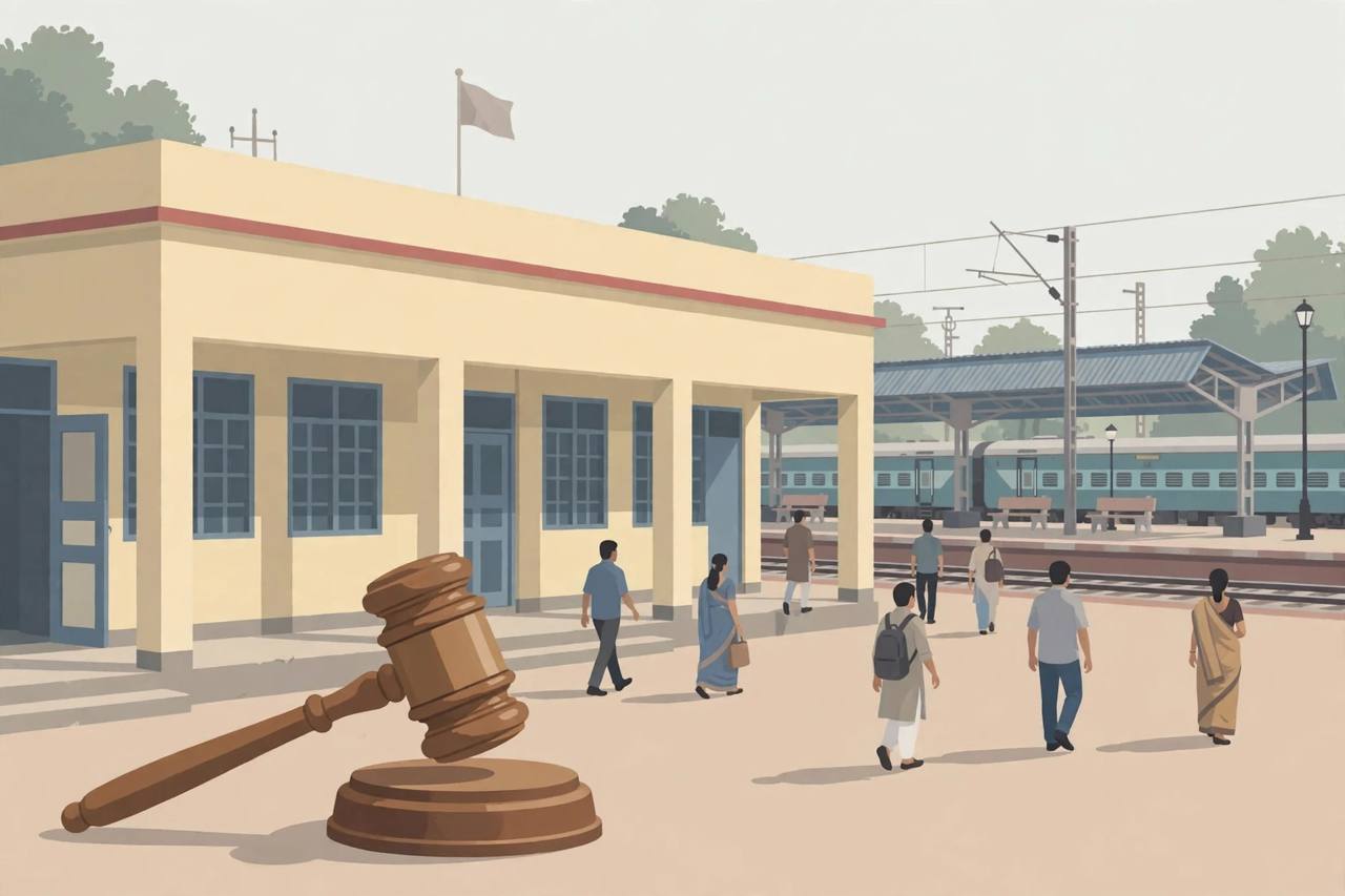 Editorial illustration of a district court building with a railway station in the background
