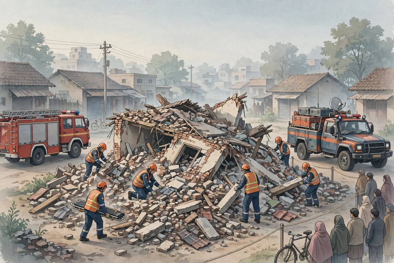 Editorial illustration of rescue workers in orange helmets searching the rubble of a collapsed two-storey house in Chhatari, Bulandshahr, with a fire engine and rescue vehicle nearby and residents watching behind a cordon