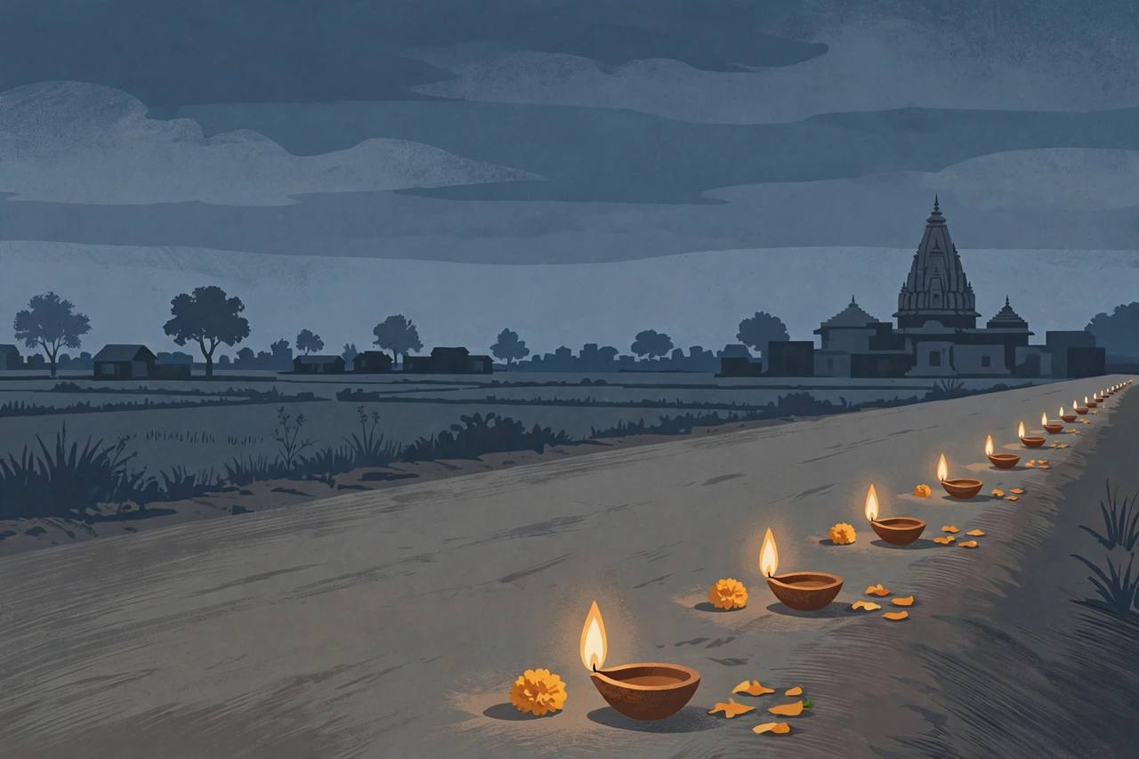 Editorial illustration of earthen diya lamps lit in remembrance along a quiet village road in Uttar Pradesh at dusk, with a temple in the distance