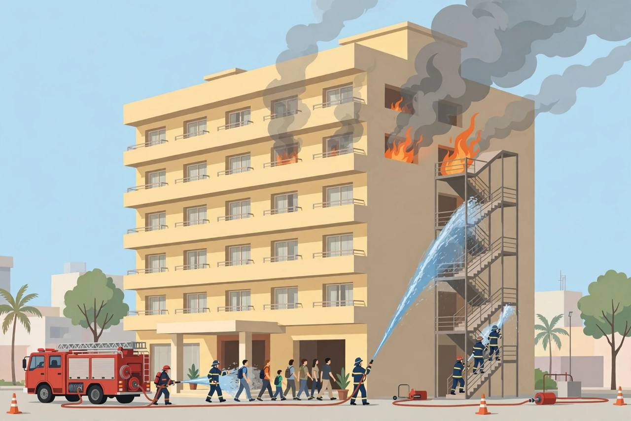 Editorial illustration of firefighters spraying water at a hotel building in Sahibabad, Ghaziabad, with smoke rising from the fifth floor as guests are guided safely out