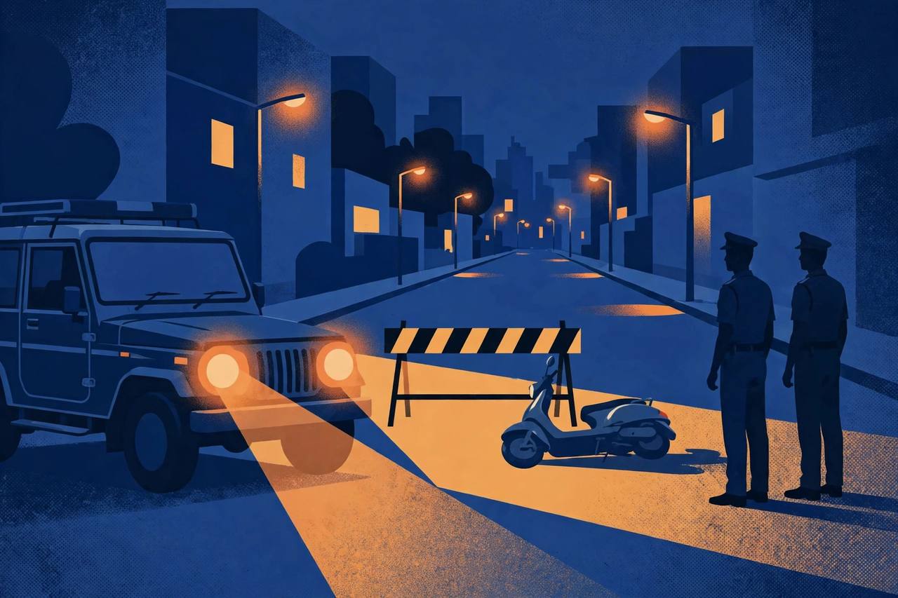 Editorial illustration of a night-time police vehicle checkpoint in Ghaziabad with a police jeep, a barricade and a fallen scooter on a city street
