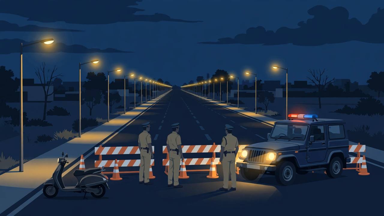 Editorial illustration of a night-time police checkpoint on a highway in Ghaziabad with generic police officers, a barricade, a police jeep and a scooter under streetlights