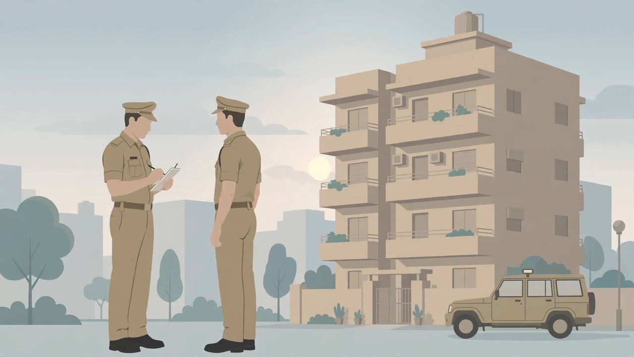 Editorial illustration of two police officers outside a residential apartment building in Ghaziabad at dawn