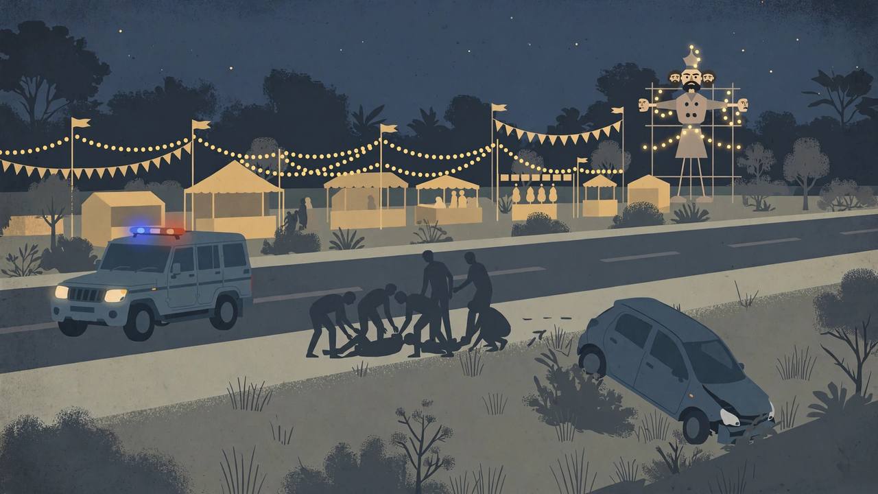 Editorial illustration of a night-time highway accident scene near a Dussehra fair in Ghazipur, with bystanders helping the injured and a police vehicle arriving