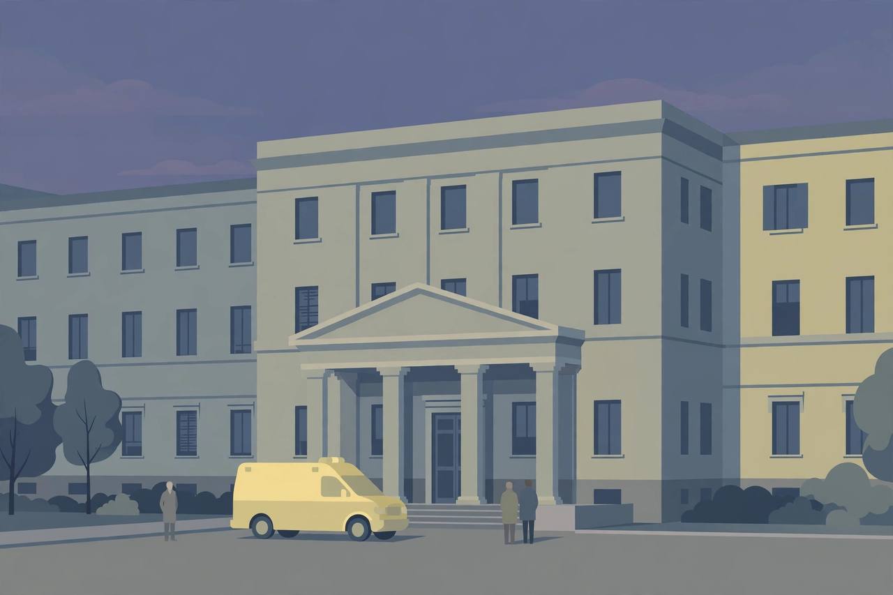 Editorial illustration of a government medical college hospital building at dusk with an ambulance at the entrance