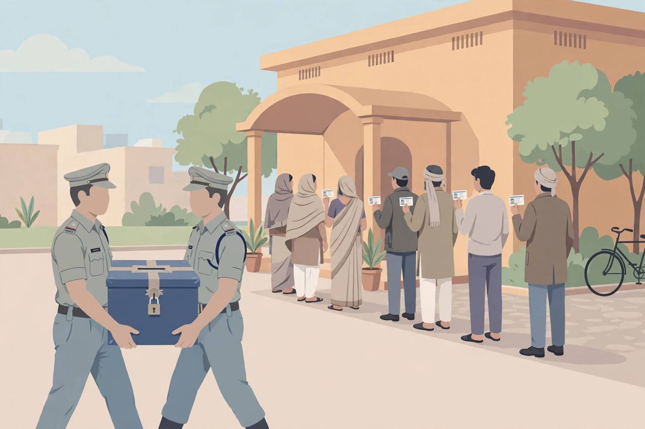 (Editorial illustration) Voters holding voter ID cards queue outside a polling station in Gorakhpur, Uttar Pradesh, while police carry a sealed ballot box in the foreground