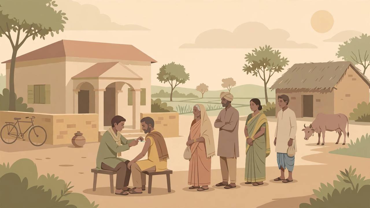 Editorial illustration of a village vaccination camp at a community health centre in Gorakhpur district