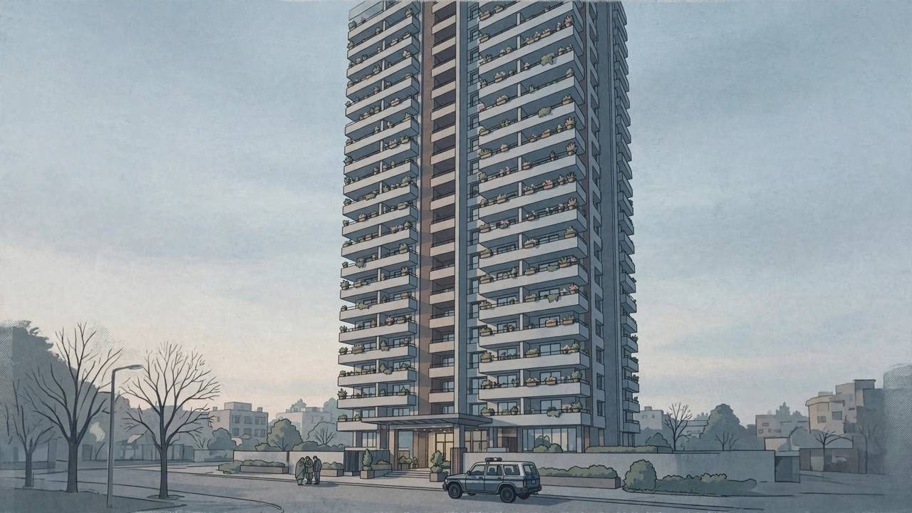 Editorial illustration of a tall residential tower in Greater Noida at dawn with balcony flower pots, a police vehicle at the entrance and residents standing quietly below