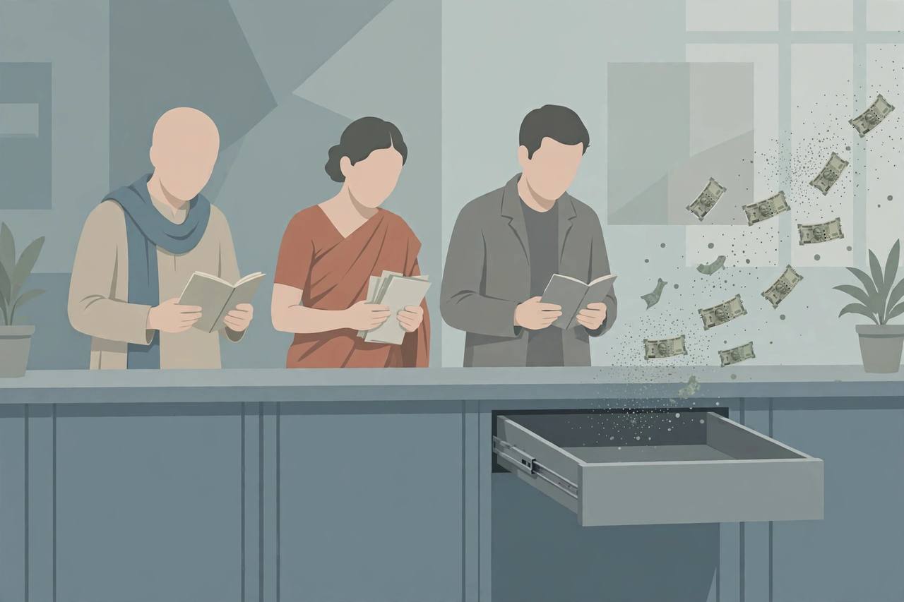 Bank customers checking passbooks at a counter while banknotes dissolve from an open drawer