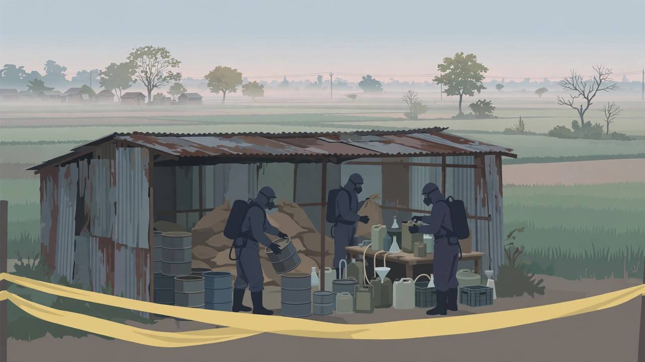 Editorial illustration of enforcement officers seizing drums and chemical containers at a clandestine drug laboratory in a rural tin shed