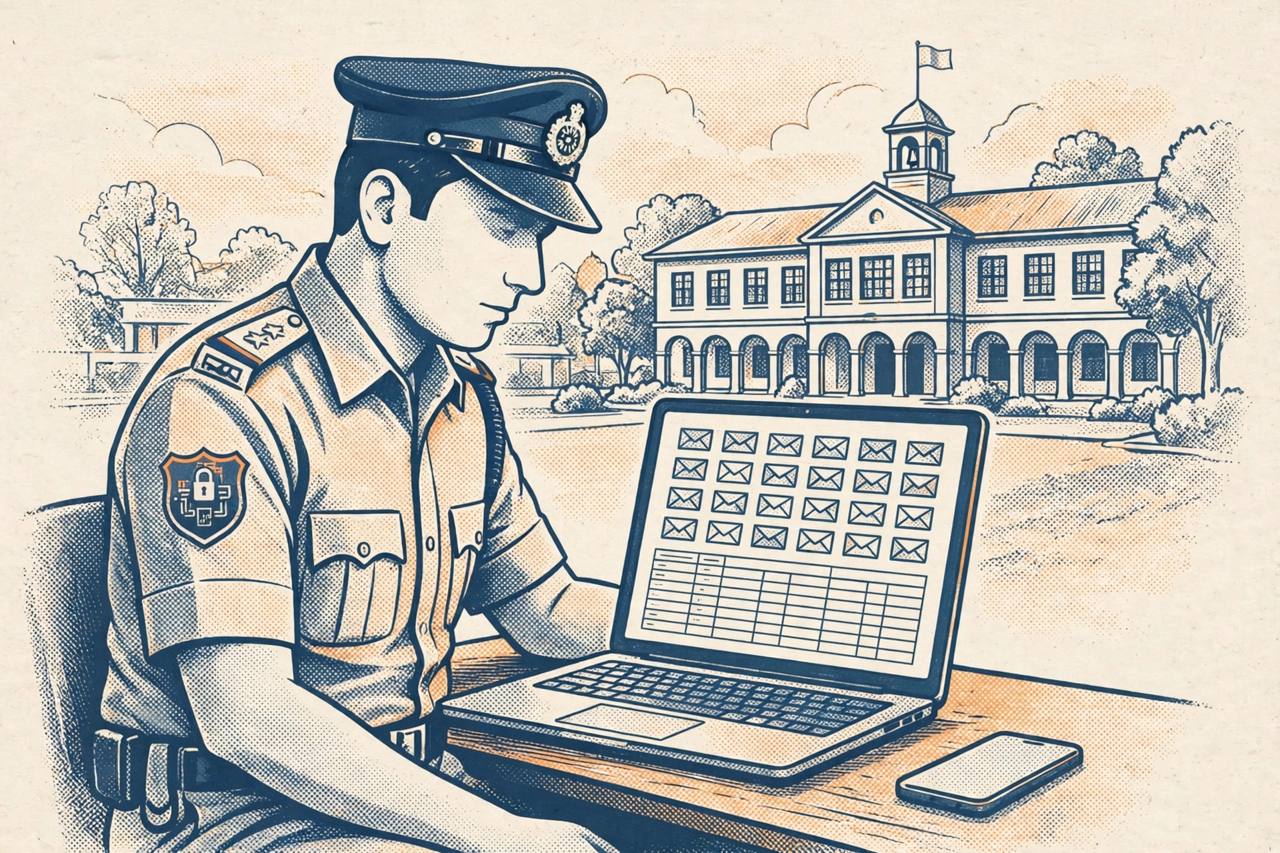Editorial illustration of a police cyber-cell officer examining a laptop showing rows of email envelopes and a spreadsheet, with a school building in the background