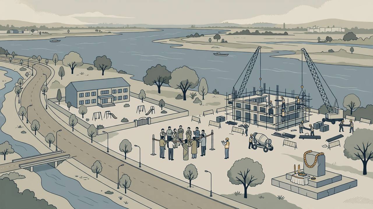 Editorial illustration of new roads, a school and a training centre under construction with cranes, a foundation stone and a ribbon-cutting in Kanpur