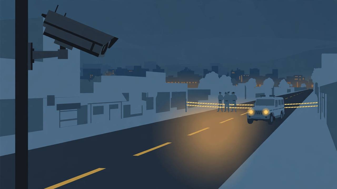 Editorial illustration: a CCTV camera overlooks a cordoned-off road in Kanpur at night as police investigate