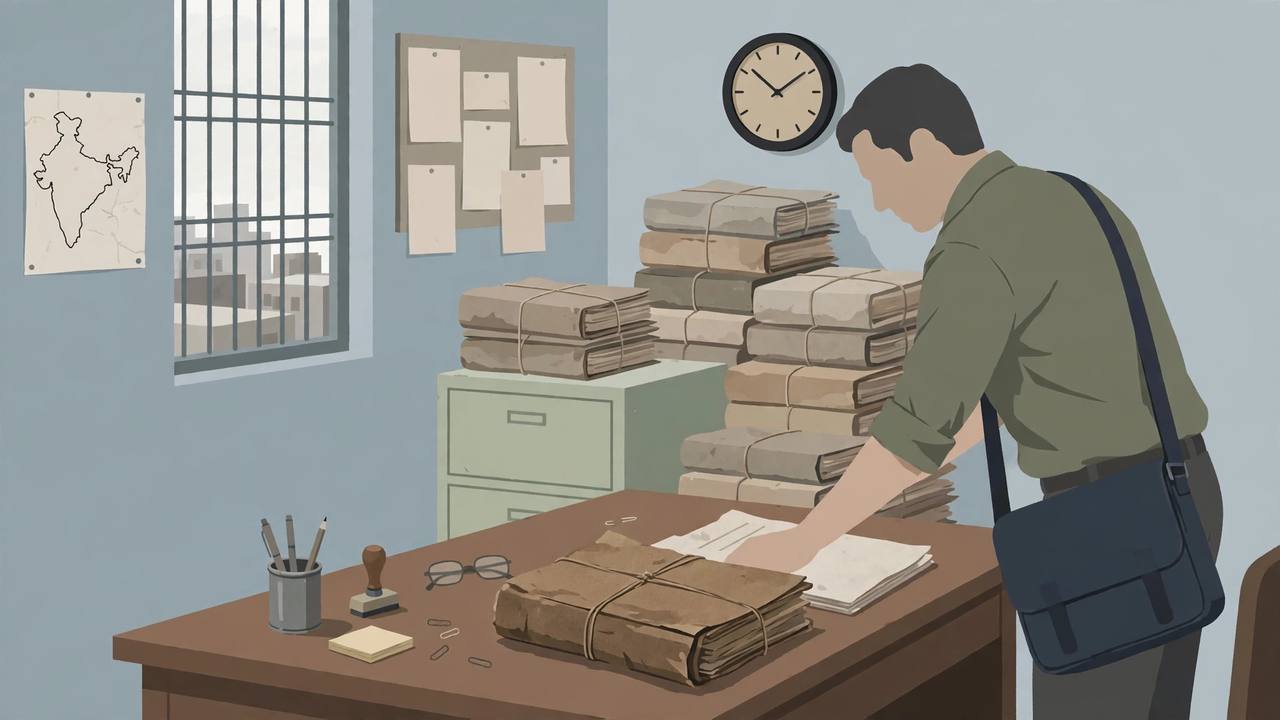 Editorial illustration of an investigator placing an old 1991 case file on a desk in a Kanpur police office