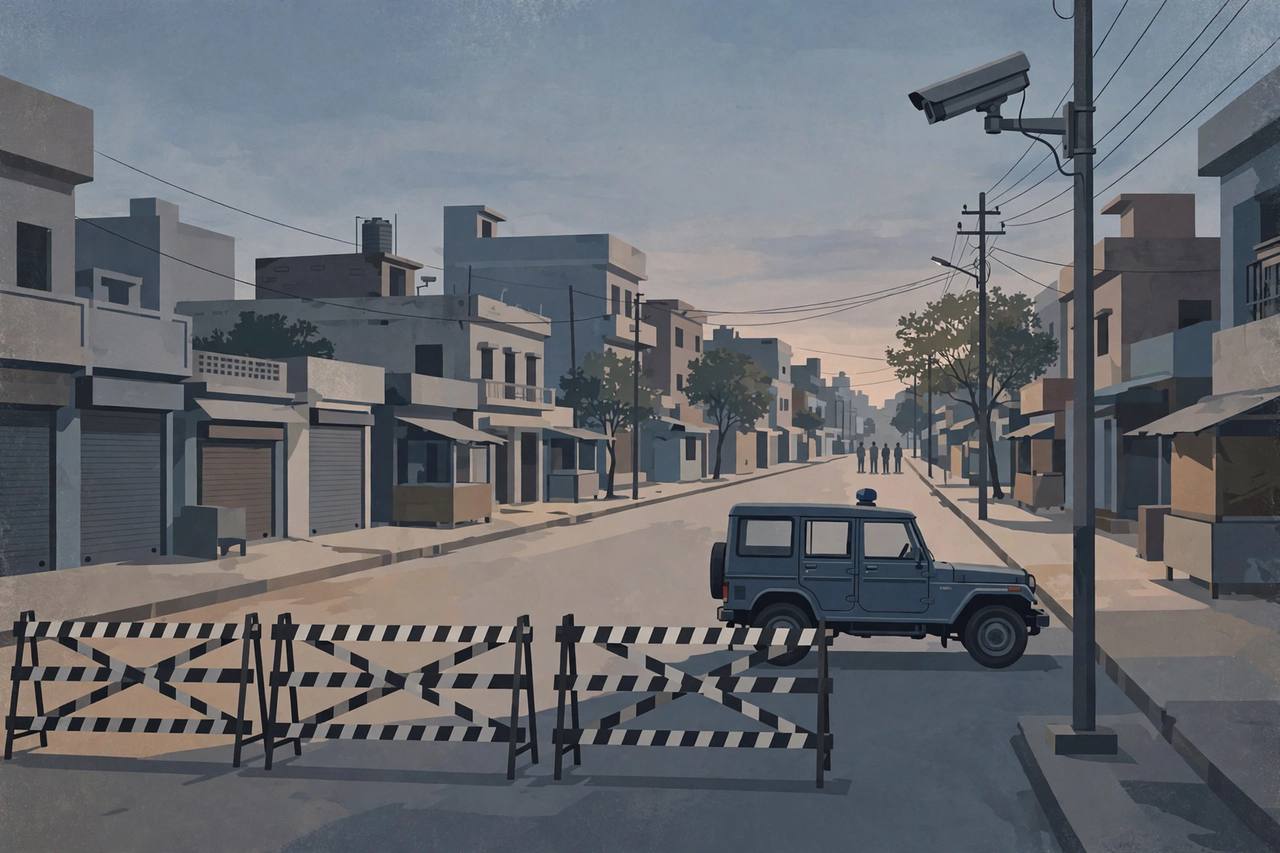 Editorial illustration of a quiet Kanpur street at dusk with a police barricade, a police jeep and a CCTV camera on a pole