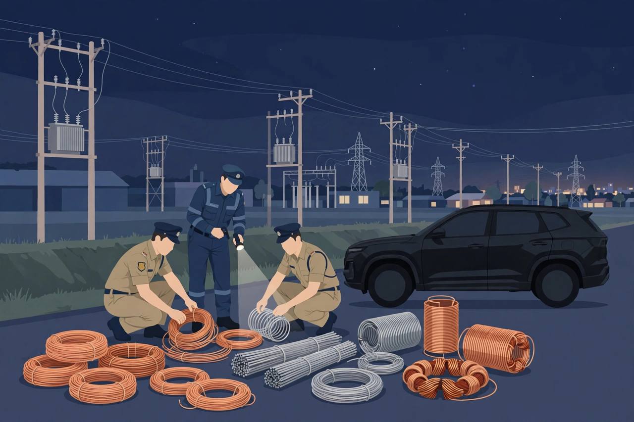 Editorial illustration of police officers inspecting seized coils of copper and aluminium wire beside a black SUV near electricity transformers at night