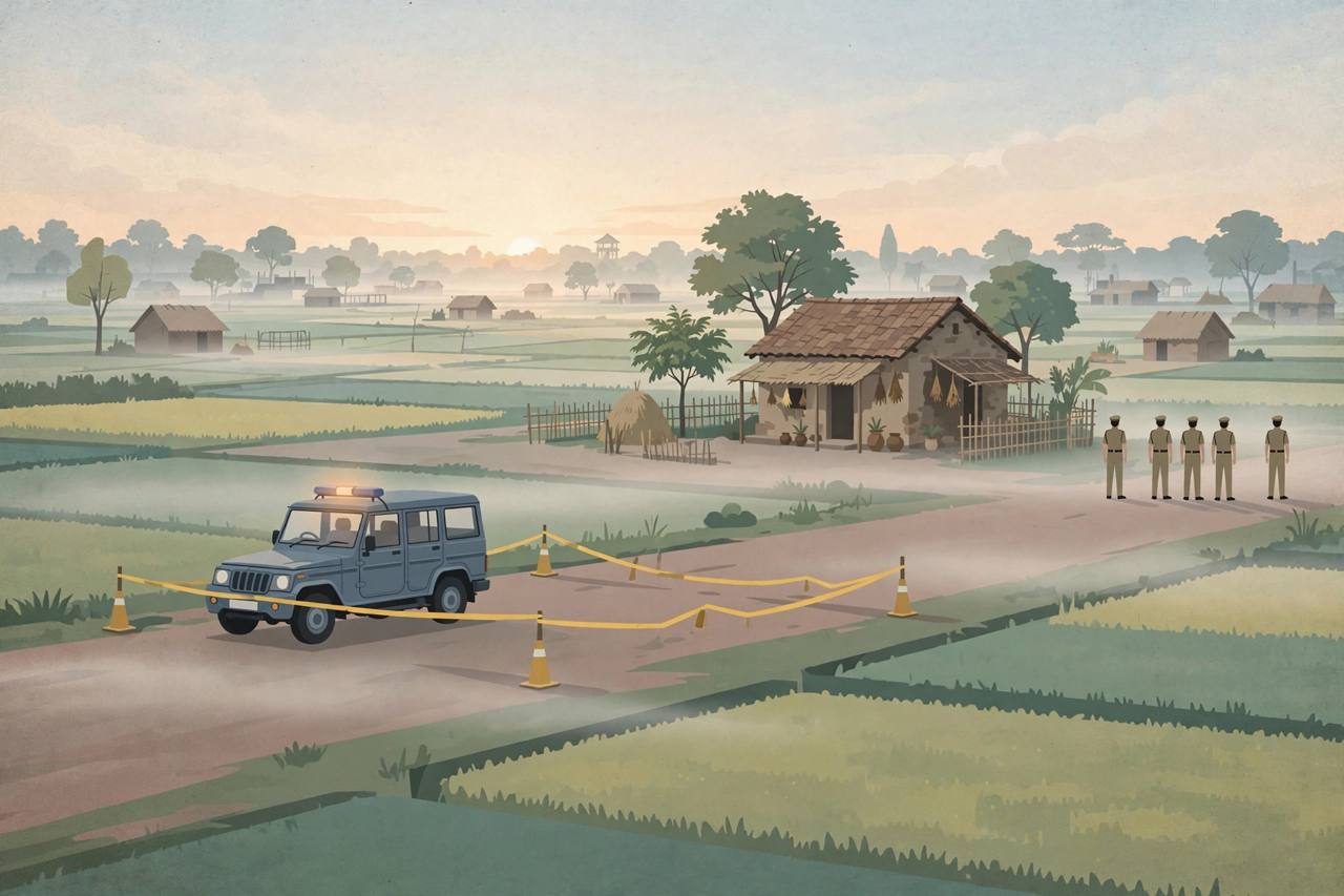 Editorial illustration of a police cordon on a village road in Uttar Pradesh at dawn; no person from the incident is depicted