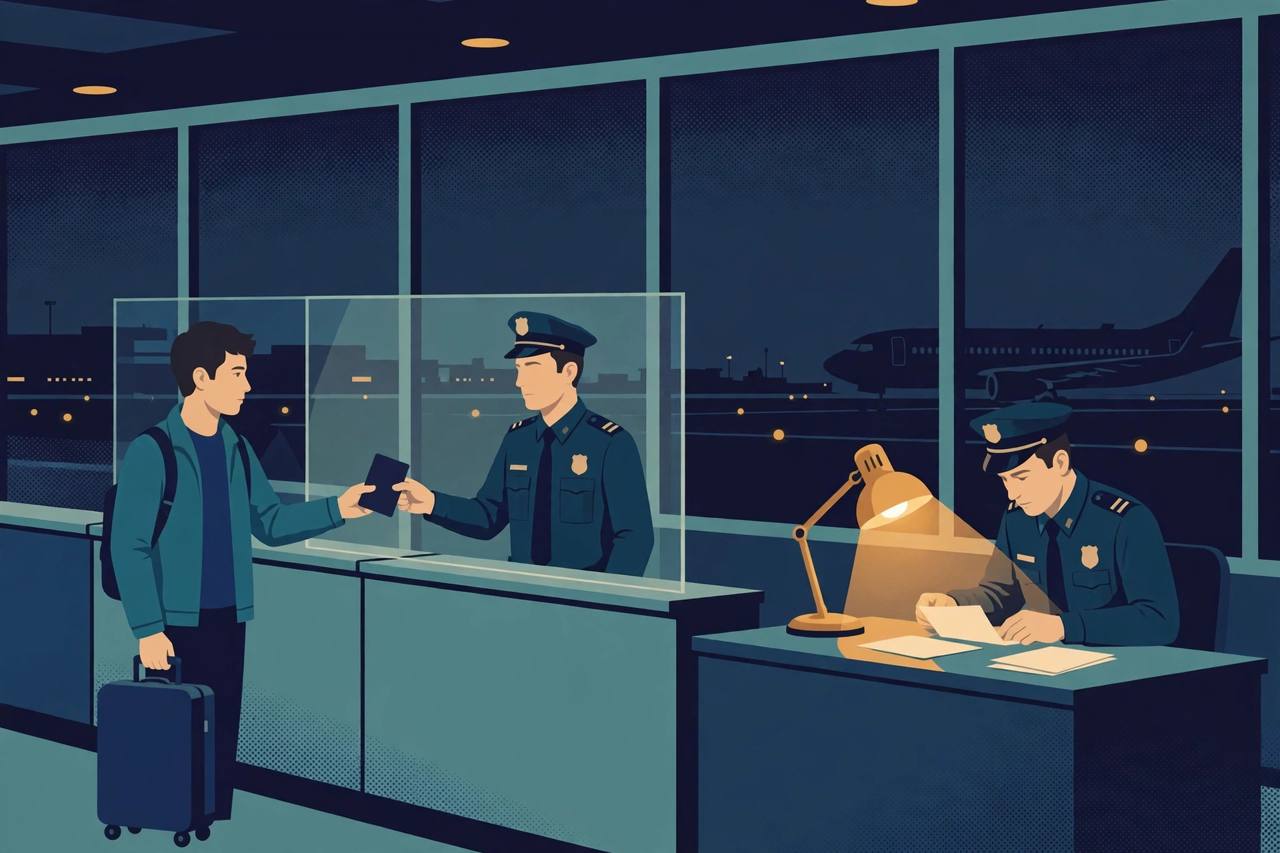 Editorial illustration of a traveller handing a passport to an immigration officer at an airport check counter at night, with a second officer examining documents
