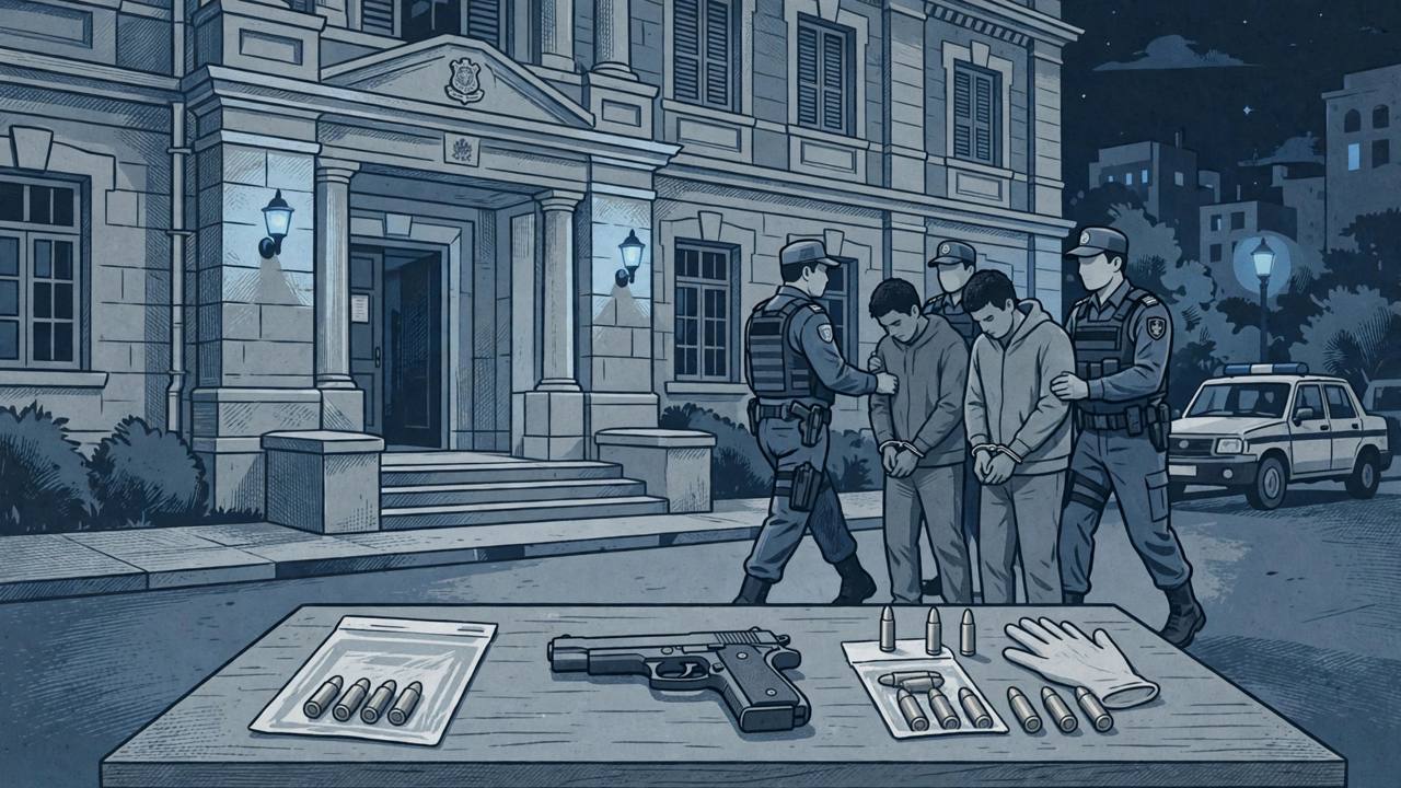 Editorial illustration of anti-terror police escorting handcuffed suspects at night with a seized pistol and cartridges shown as evidence