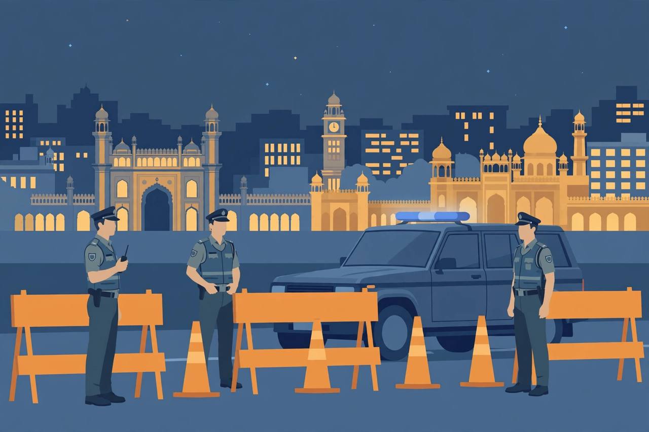 Editorial illustration of a night-time police checkpoint in Lucknow with generic uniformed officers, a police vehicle and barricades against the city skyline
