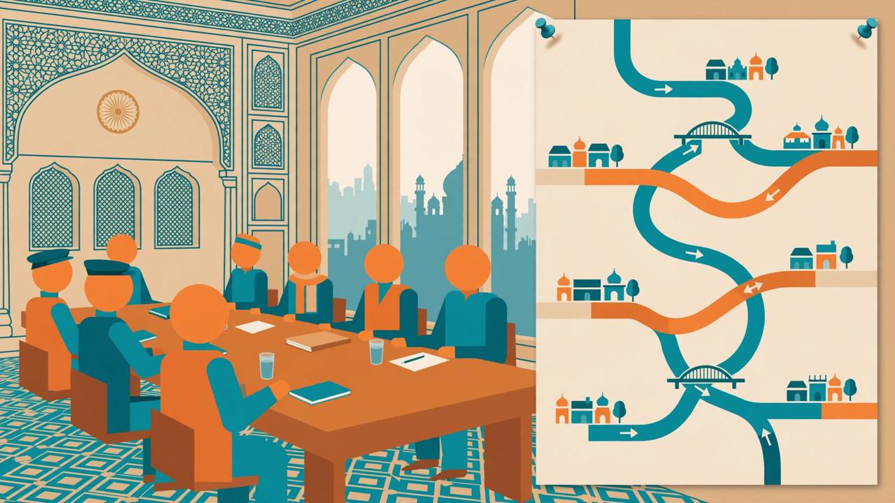 Editorial illustration of generic officials at a cabinet table in Lucknow with stylised expressway ribbons linking towns