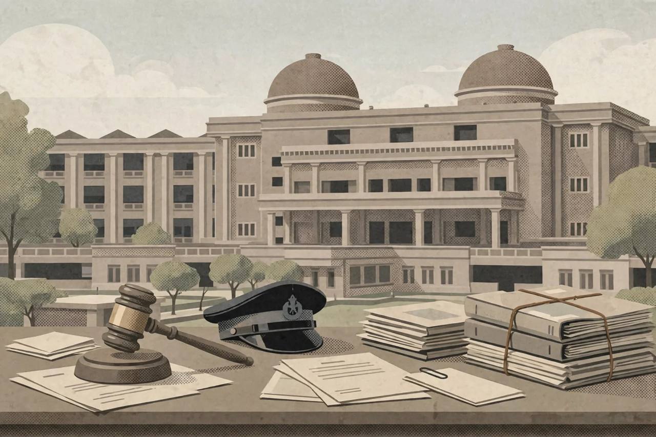 (Editorial illustration) A court building in Lucknow with a gavel, case files and a police cap on a desk in the foreground