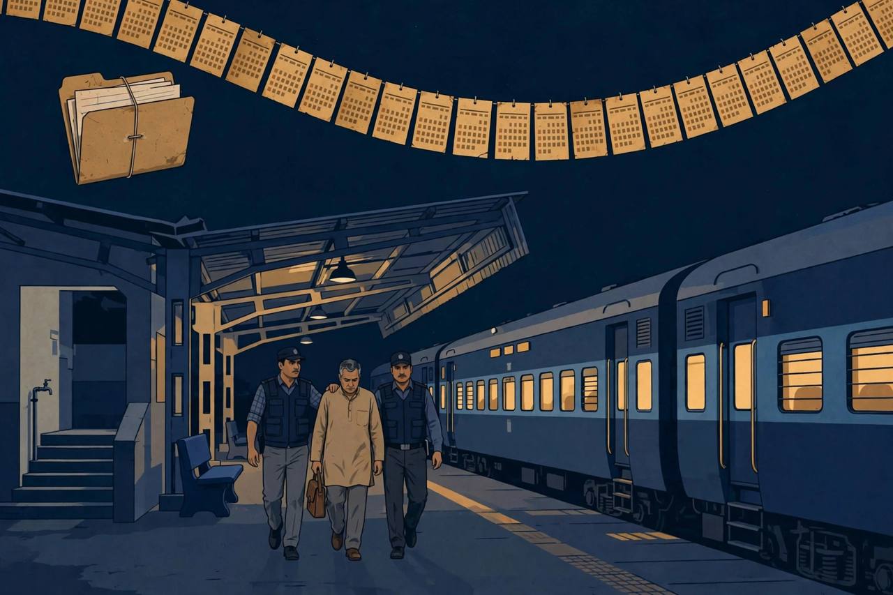 (Editorial illustration) A railway platform just after midnight with a waiting train, officers escorting a man with a small bag toward the exit