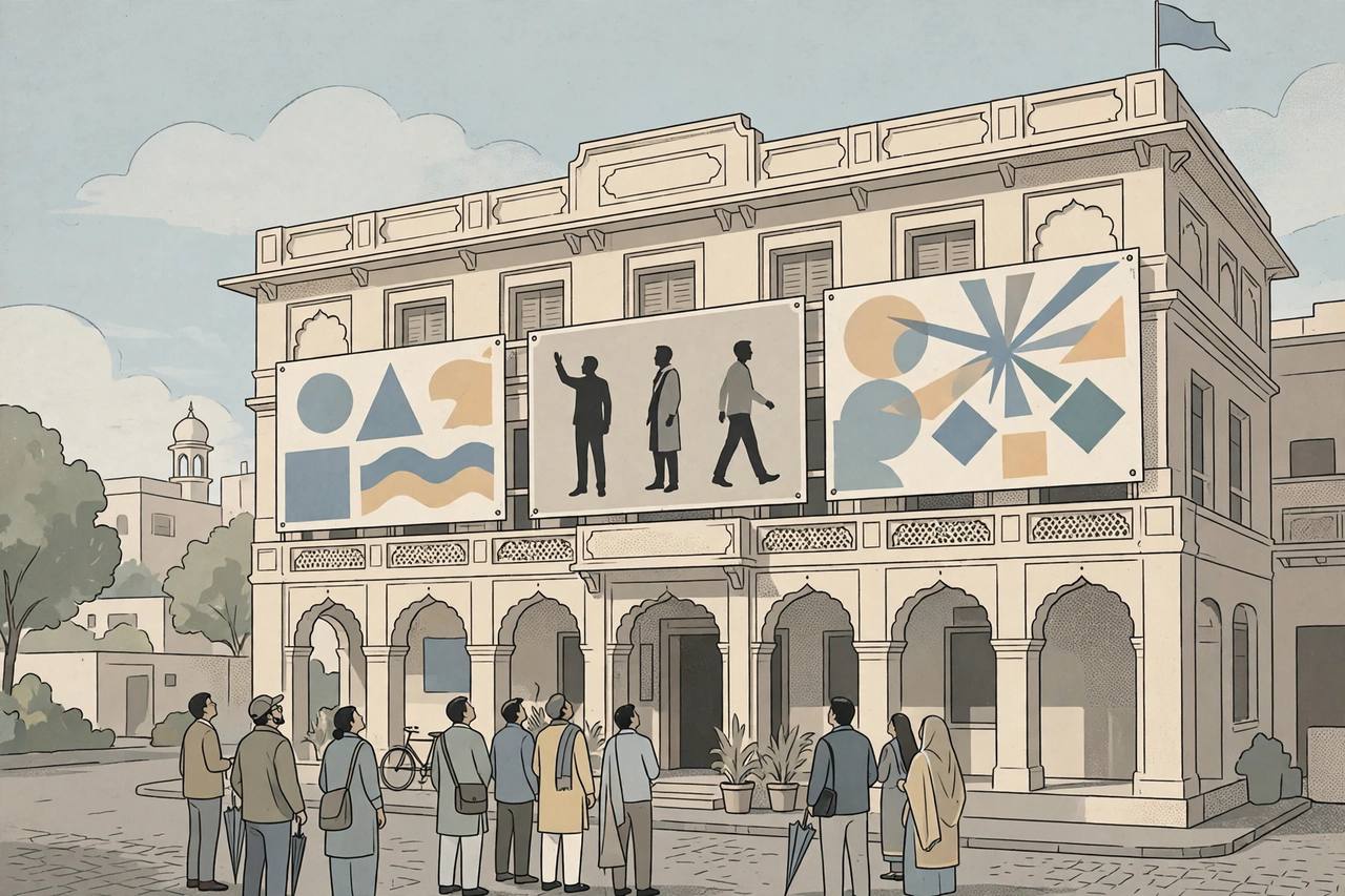 Editorial illustration of a political party office in Lucknow with large blank poster hoardings and generic onlookers