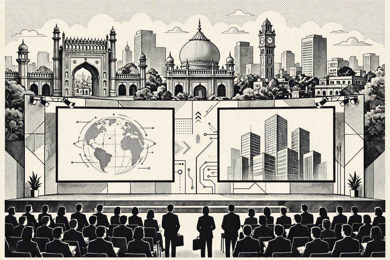 Editorial illustration of a technology summit stage in Lucknow with generic delegates, presentation screens and a city skyline