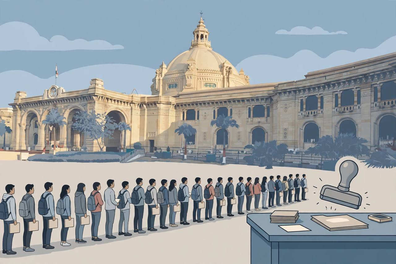 Editorial illustration of a government secretariat building in Lucknow with a queue of young job aspirants holding application folders and an official stamp over a folder