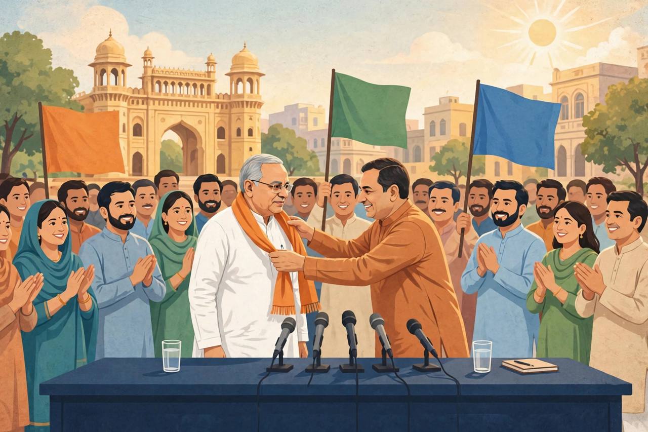 Editorial illustration of a political leader being welcomed with a scarf at a press conference in Lucknow