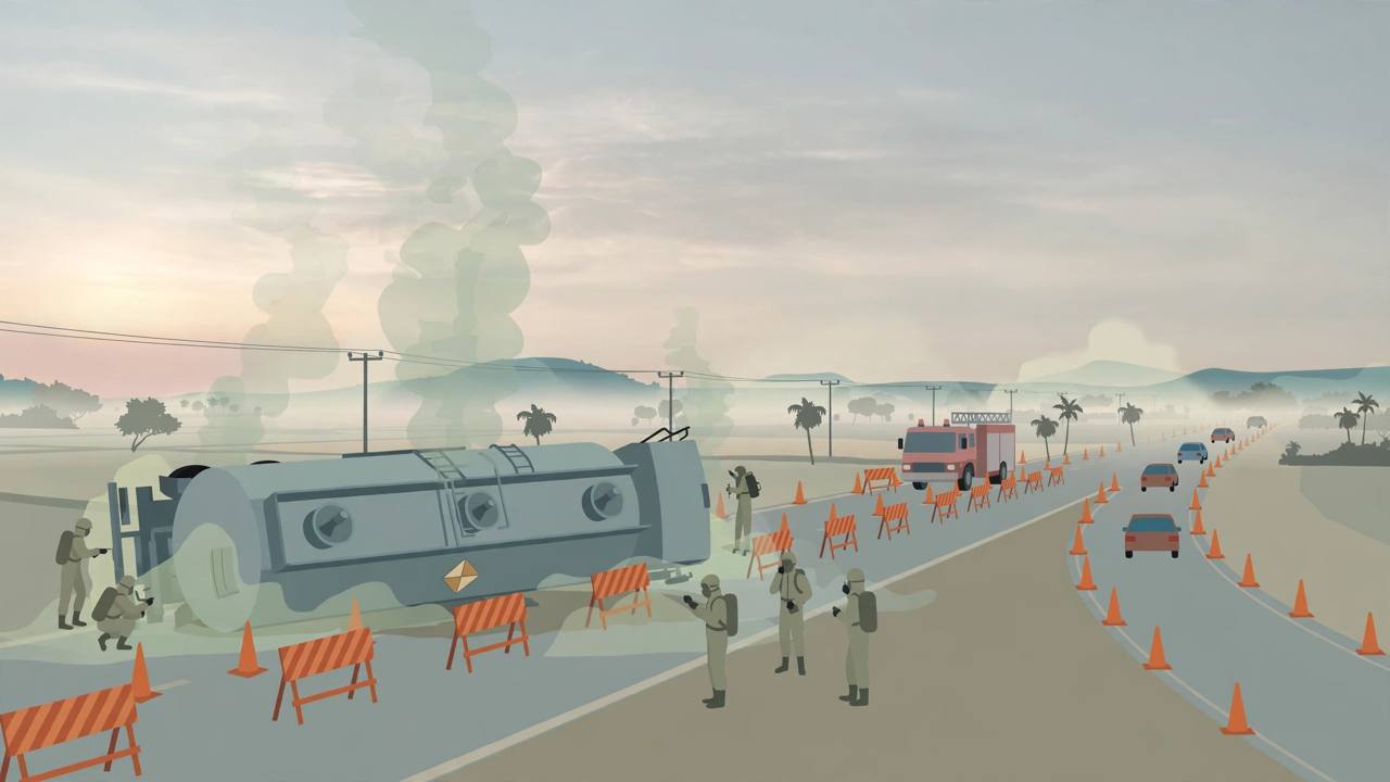 Editorial illustration of an overturned chemical tanker truck on a highway, with rescue personnel in protective suits, a fire engine and a traffic cordon