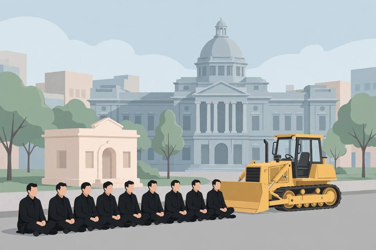 Editorial illustration of lawyers in black coats protesting on a Lucknow street in front of court chambers and a stopped municipal bulldozer