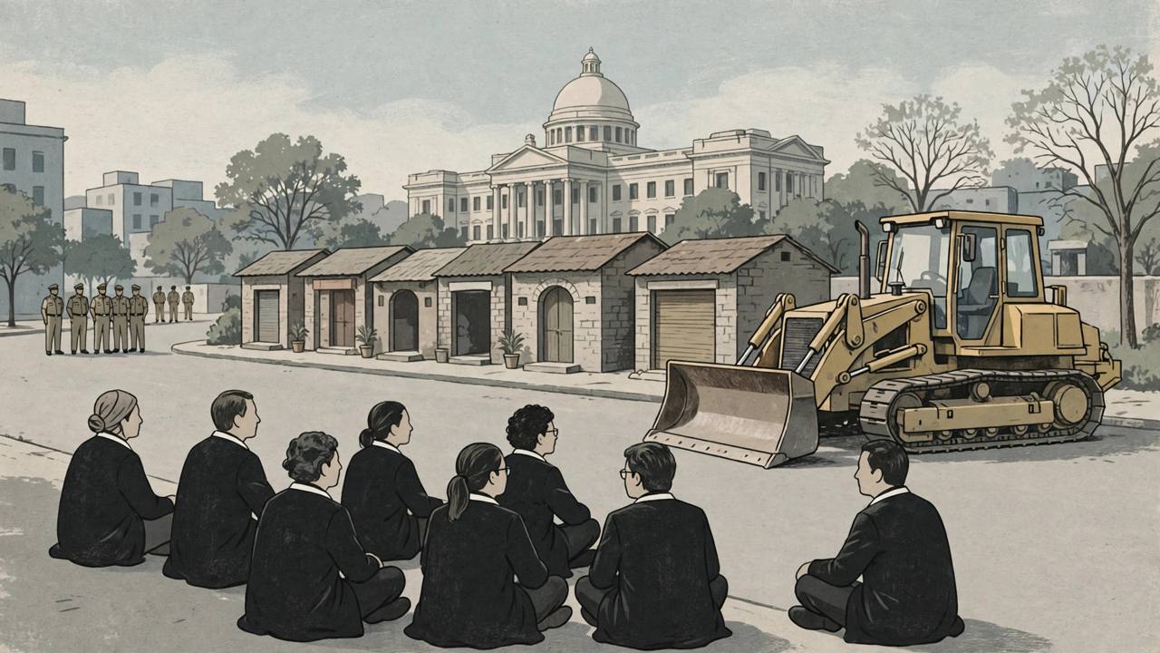 (Editorial illustration) Lawyers in black coats sitting in protest on a Lucknow street in front of small chambers, with a municipal bulldozer parked nearby