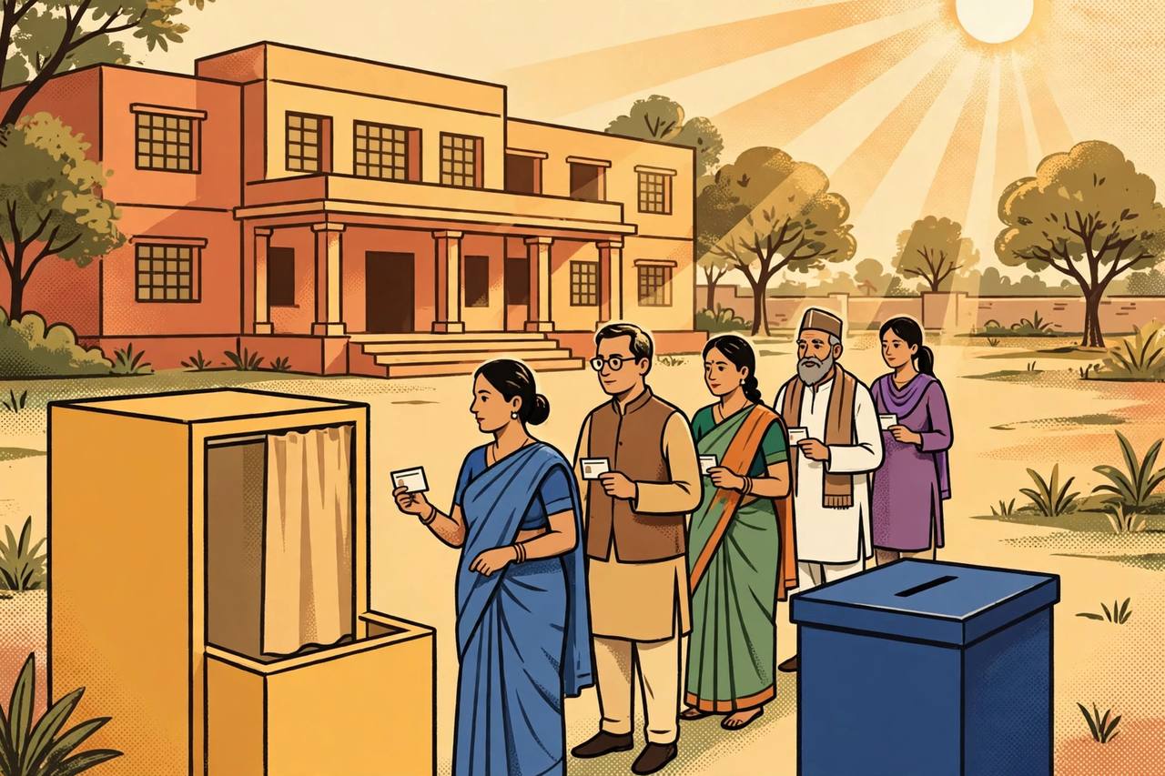 Editorial illustration of voters holding voter ID cards queuing at a polling booth outside a school building in Uttar Pradesh, with a ballot box in the foreground