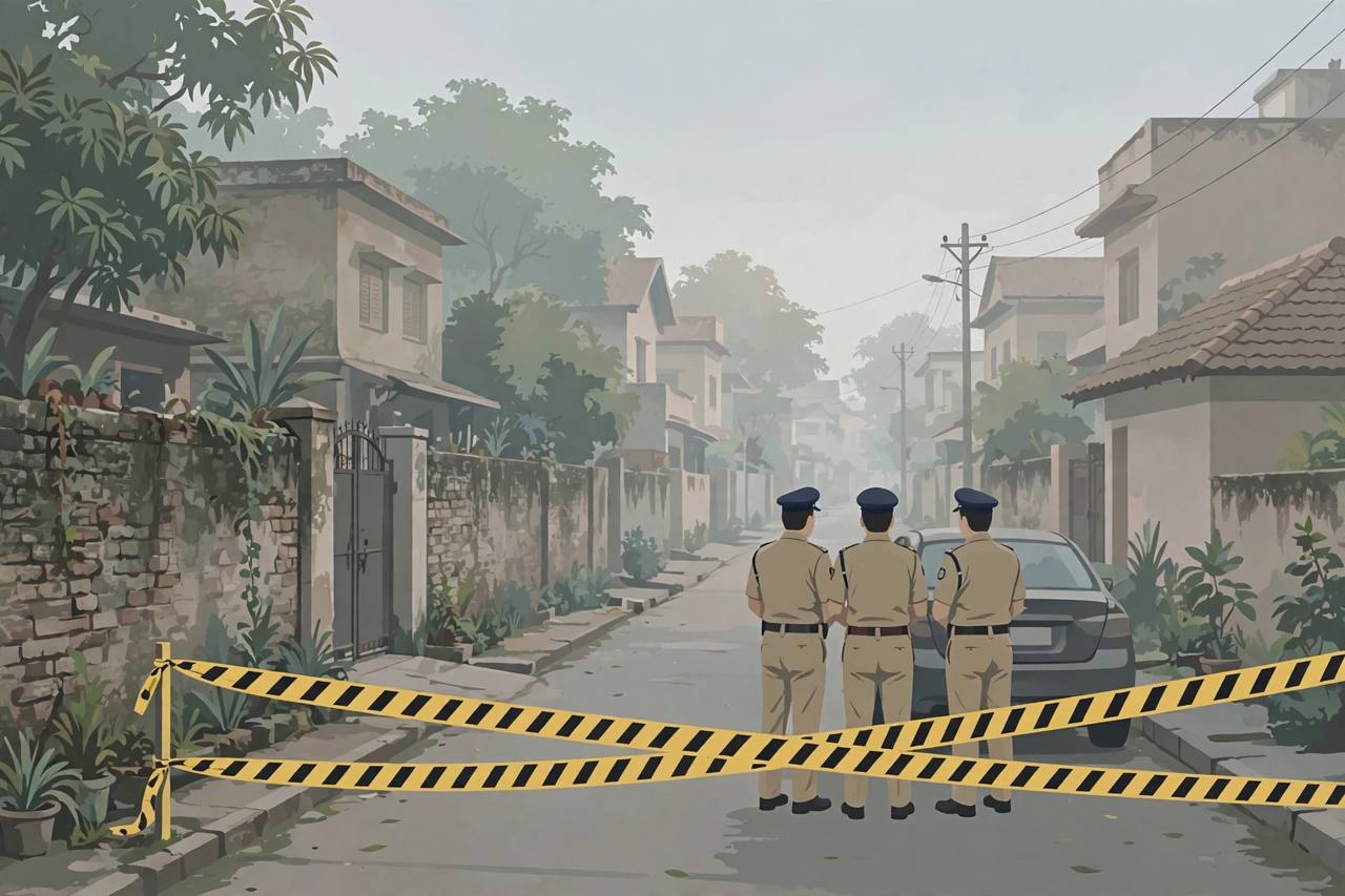Editorial illustration of a cordoned residential lane in Lucknow with generic police officers standing near a parked car