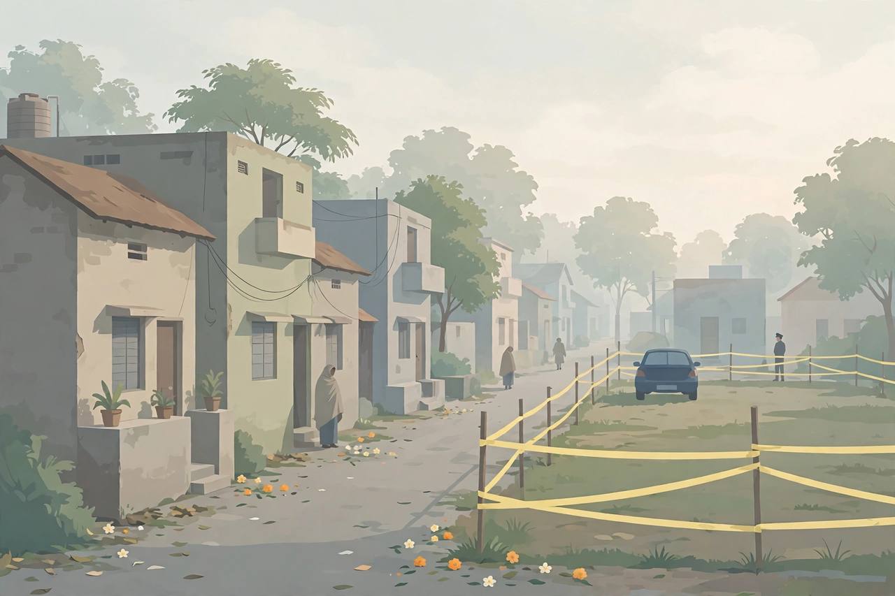 Editorial illustration of a quiet residential lane in Lucknow with modest houses, a vacant plot with a parked car and a distant generic police officer near a cordon, in muted somber colours