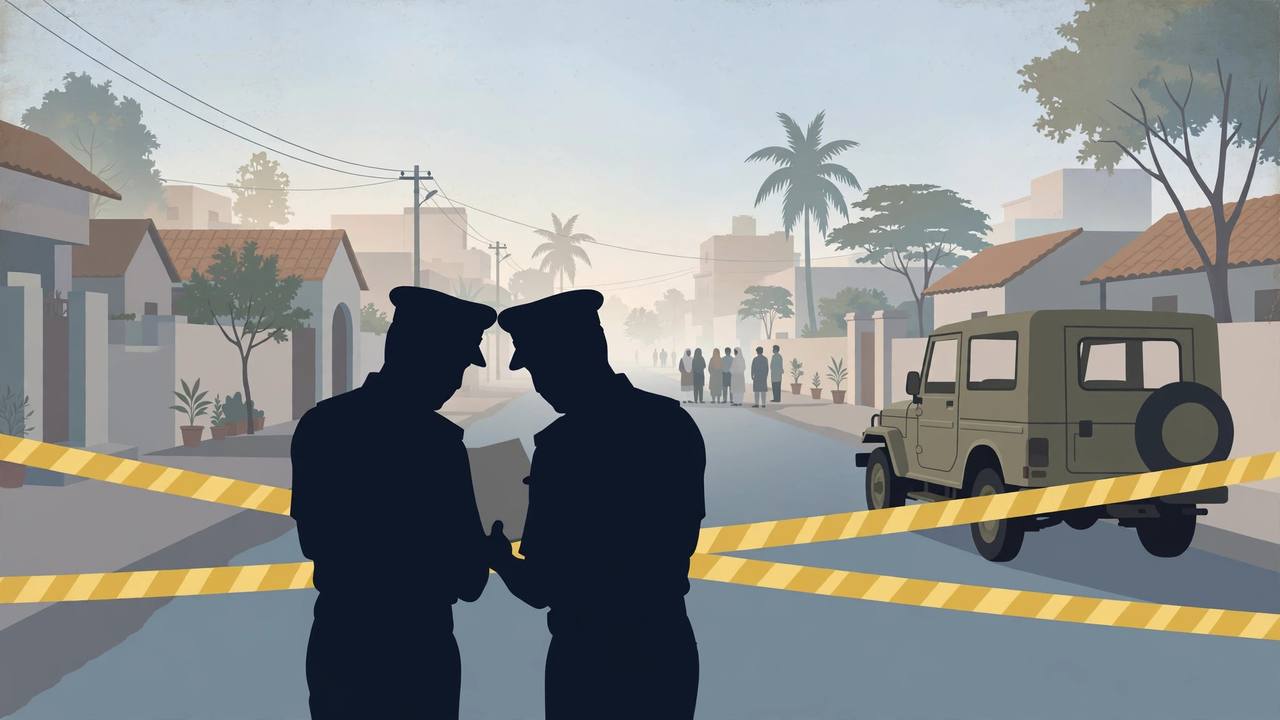 Editorial illustration of police officers examining a case file behind a cordon tape on a residential street in Lucknow