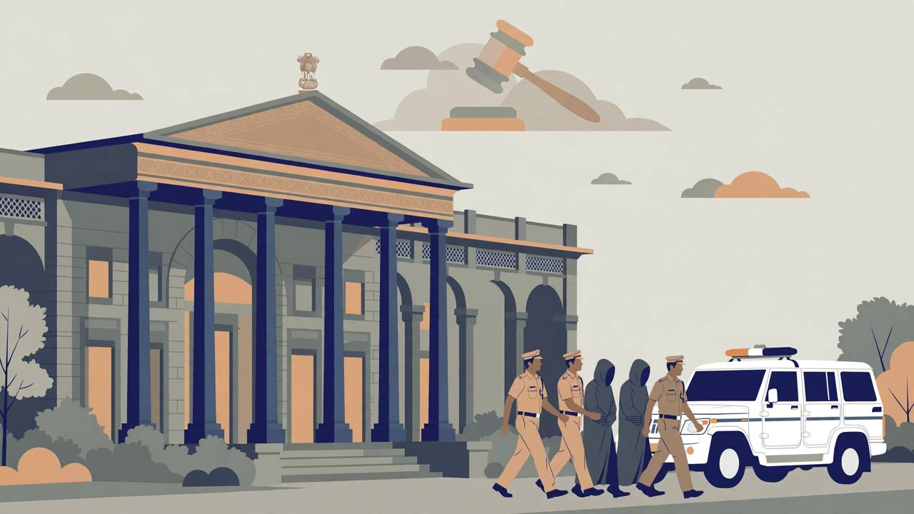 Editorial illustration of police officers escorting accused persons with covered faces toward a police vehicle outside a district court building in India