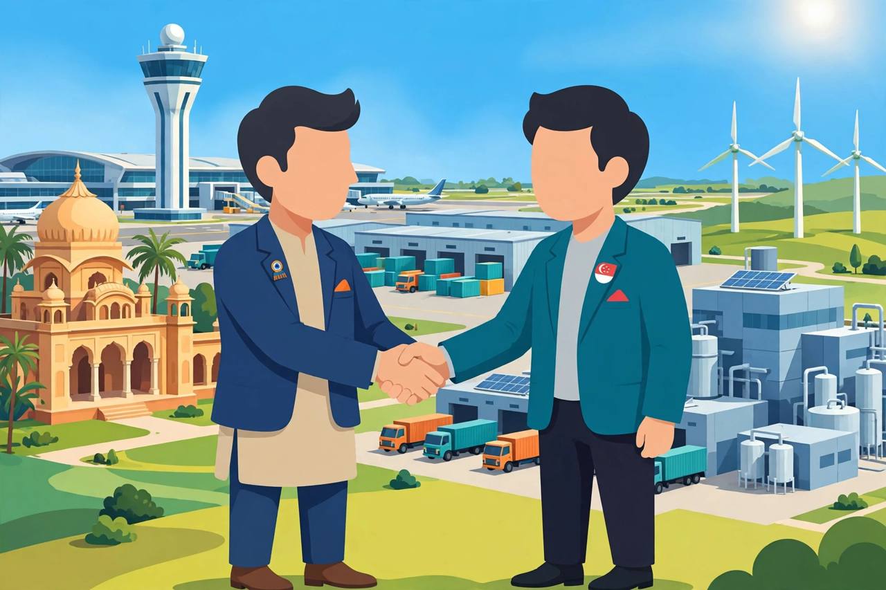 Editorial illustration of generic Indian and Singaporean business delegates shaking hands in Lucknow, with an airport tower, logistics warehouses and green energy turbines near Jewar in the background