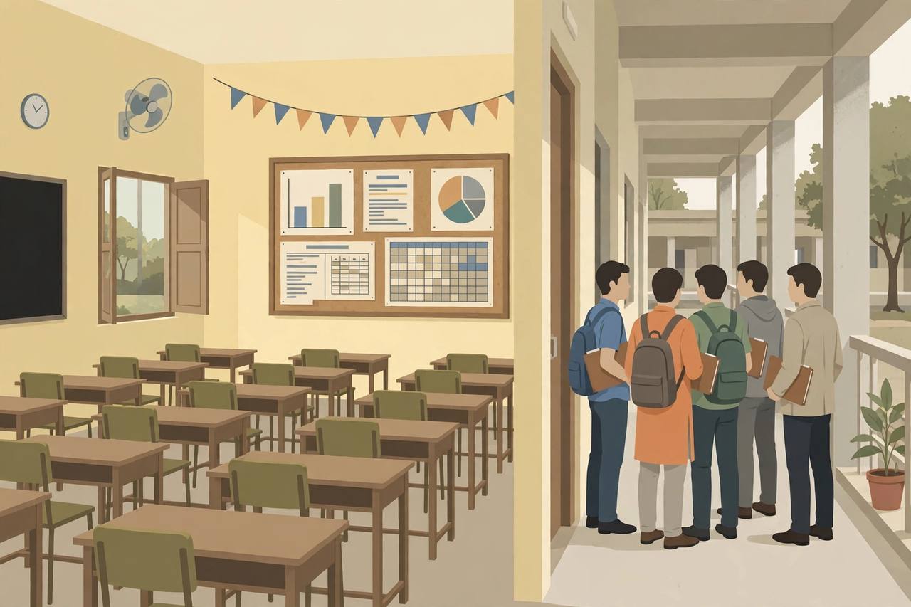 Editorial illustration of a government school classroom in Uttar Pradesh with empty teacher desks, a notice board with seat-allocation charts, and job aspirants waiting outside with application folders