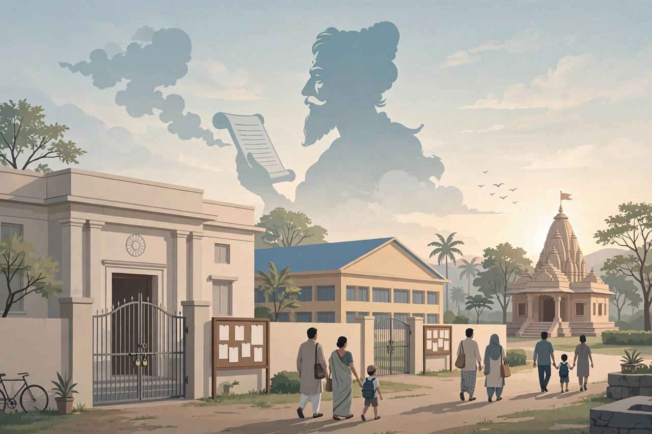 (Editorial illustration) Closed school and government office gates in Uttar Pradesh on a public holiday morning, with a sage poet silhouette in the sky