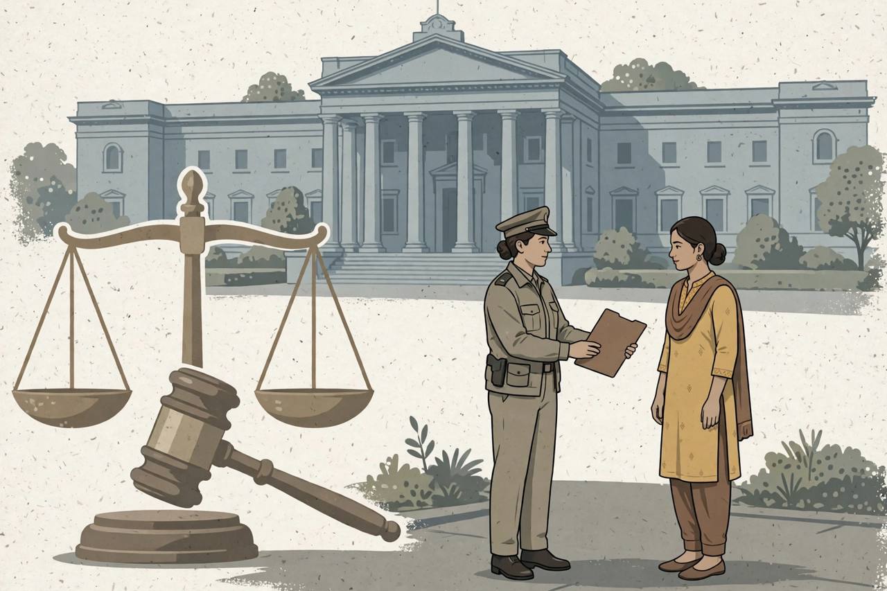 Editorial illustration of a generic young woman standing safely beside a female police officer in front of a government commission building, with a gavel and scales of justice