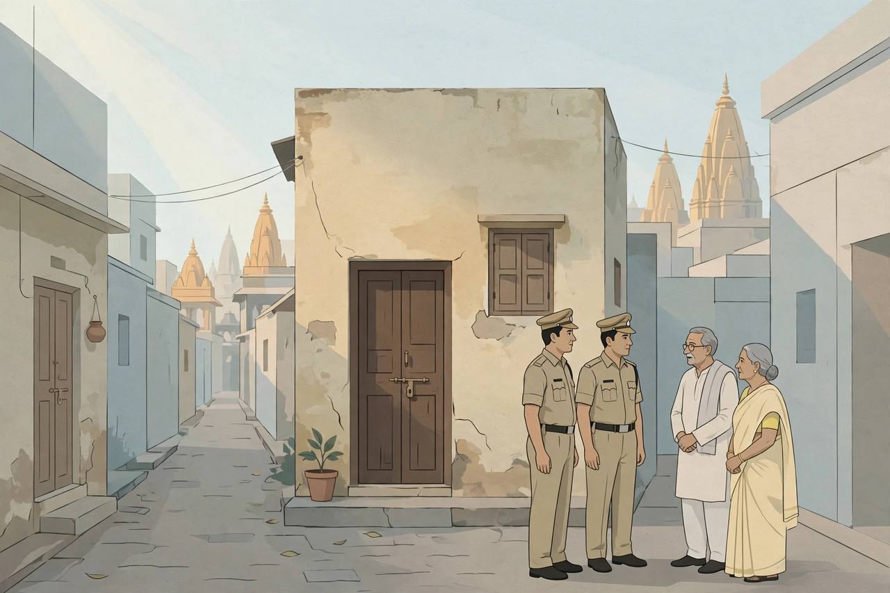 Editorial illustration of a narrow old lane in Mathura with police officers standing outside an old house in morning light