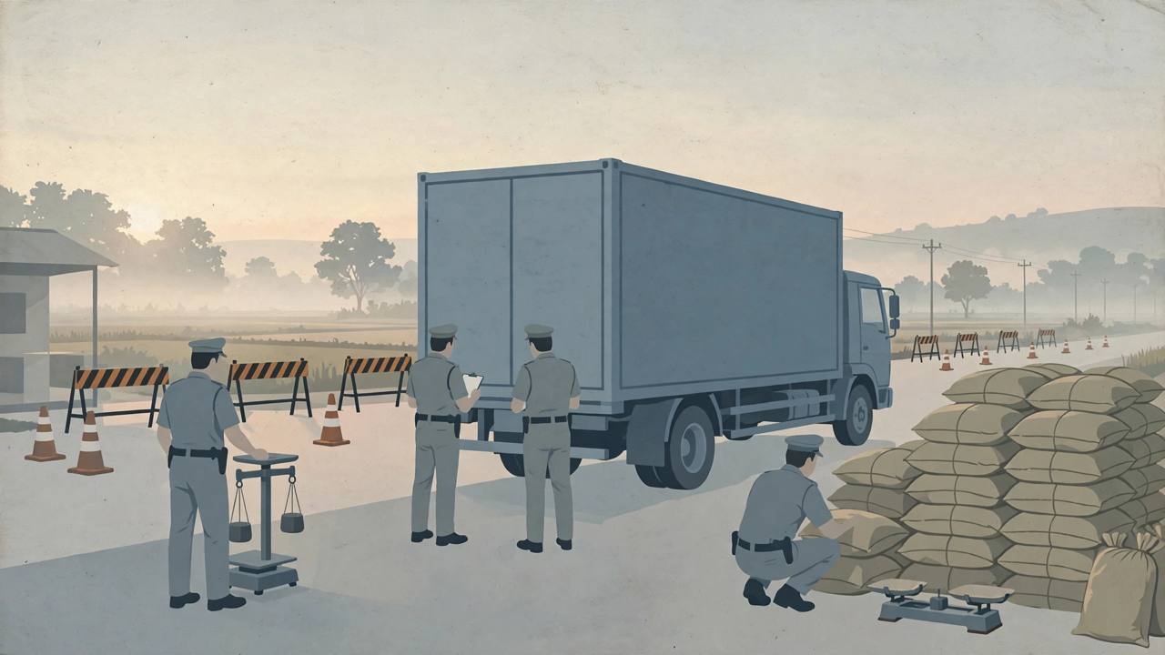 (Editorial illustration) Police officers inspecting a container truck at a highway checkpoint, with sealed sacks stacked beside it