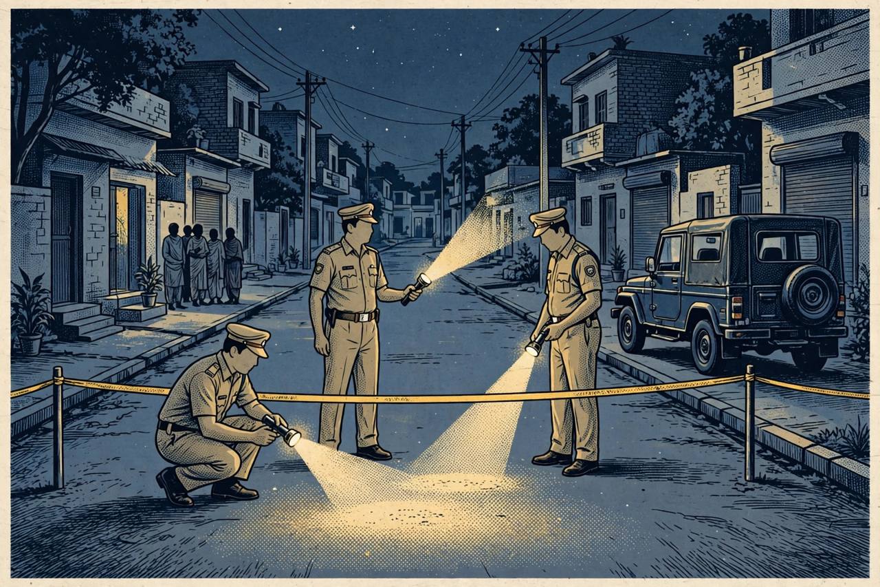 Editorial illustration of police officers investigating a quiet residential street in Mathura's Maholi locality at night with a police jeep nearby