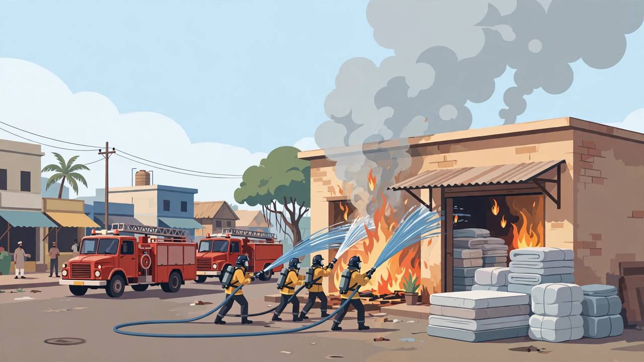 Editorial illustration of firefighters tackling a fire at a mattress factory in Mathura